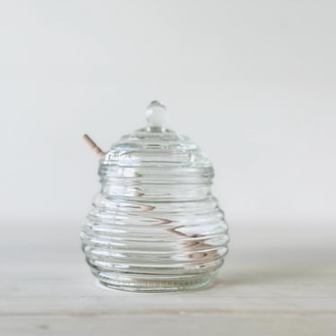 Honey Jar Clear Glass Bee Hive Shaped With Wooden Dipper 