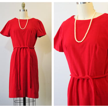 Vintage 1960s 60s True Red Velvet Belted Sheath Dress Holiday Evening Cocktail // US 2 4 