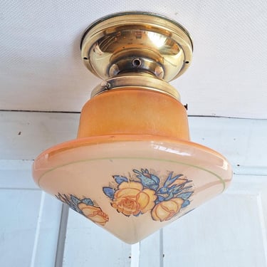 Iridescent Pink and Orange Flower Design Glass, Flush Mount Vintage Light, Brass and Pink Glass Art Deco Style Ceiling Light 062803 