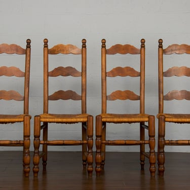 Antique Country French Ladder Back Maple Rush Dining Chairs - Set of 4 