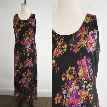 1990s Black Floral Bias Maxi Dress 