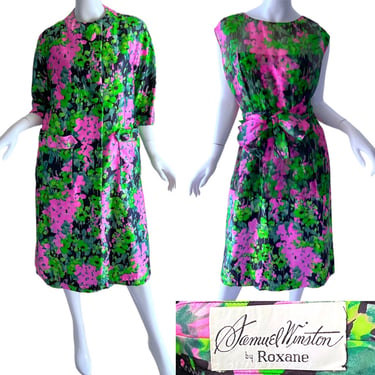 1950s Samuel Winston Silk Dress Suit, Saks Fifth Avenue Floral Brocade Dress Coat Set Medium 
