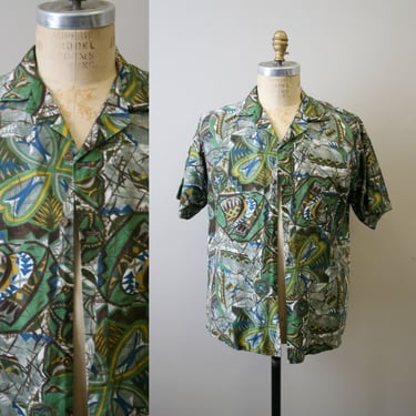 1960s Mr. Kailua Hawaiian Green Print Cotton Shirt 