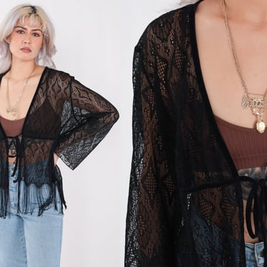 Black Lace Jacket Y2K Sheer Fringe Lace Cardigan Jacket Boho Hippie Jacket Vintage Cut Out 00s Bohemian Jacket Cutwork Extra Large xl 