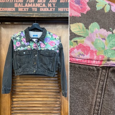 Vintage 1980’s Floral Cropped Denim New Wave Great Detail Jacket, 80’s Denim Jacket, 80’s Cropped Top, 80’s Rose Print, Vintage Clothing 