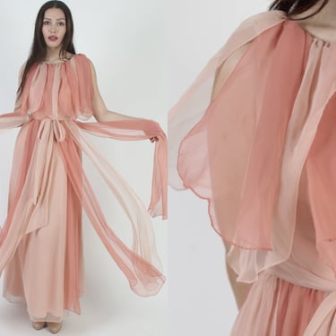 Avant Garde Miss Elliette Long Dress / Tiered Layered Sheer Chiffon Cape / Vintage 70s Unique Mauve Nude Maxi Gown 