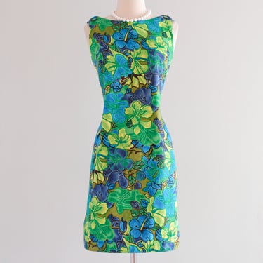 Vintage 1960's Kamehameha Green & Blue Hawaiian Shift Dress / S