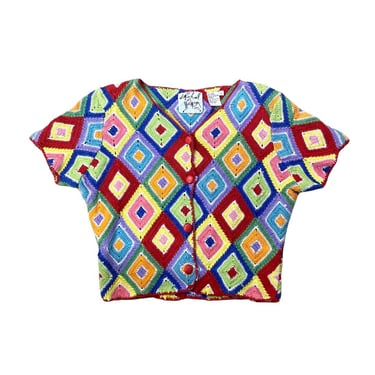 Vtg 90s Michael Simon New York Rainbow Granny Square Crochet Cropped Cardigan 