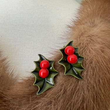 1950s Vintage Christmas Holly Berry Leaves Screw Clip On Earrings Jewelry Gifts 