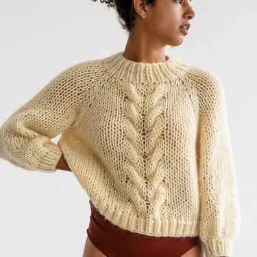 Chunky Braid Sweater — Hand Knit Mohair Cropped Pullover, Luxurious Oversized Cable Knit Sweater, Mockneck & Bubble Sleeves, Boxy Fit Raglan 