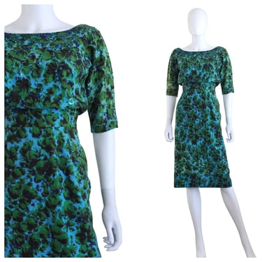1950s Green & Blue Floral Cocktail Dress with Sequin Details - 1950s Green Cocktail Dress - 50s Blue Cocktail Dress - 50s Dress | Size Small 