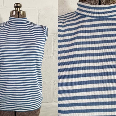 Vintage Mockneck Sleeveless Top Jay Walker Leslie Steele Tank 70s 1970s Mod Blue White Stripe Striped Knit 1960s 60s Medium 