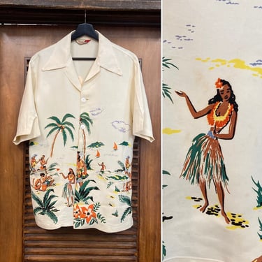 Vintage 1940’s “McGregor” Rayon Hula Natives Border Hawaiian Shirt, 40’s Cabana Shirt, 40’s Island Shirt, Vintage Clothing 