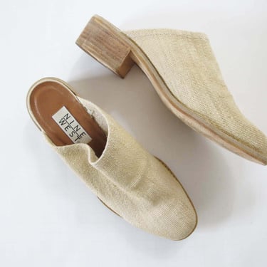 Vintage 90s Beige Linen Clogs 9 - Woven Minimalist Neutral Linen Mules - Nine West Step In Chunky Low Heel Womens Shoes 
