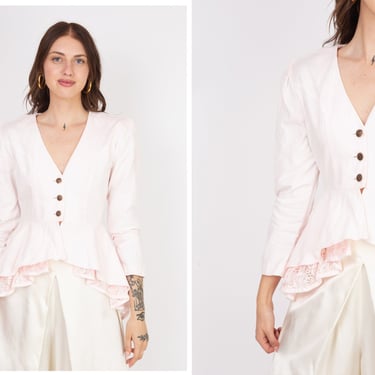 Vintage 1980s 80s Pastel Pink Cotton Long Sleeve Mullet Hem Button Up Blouse w/ Peplum Hem, Lace Underskirt 