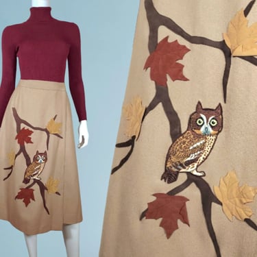 70s wool owl skirt wrap vintage embellished fall leaves winter clothing. (XS 24 waist) 