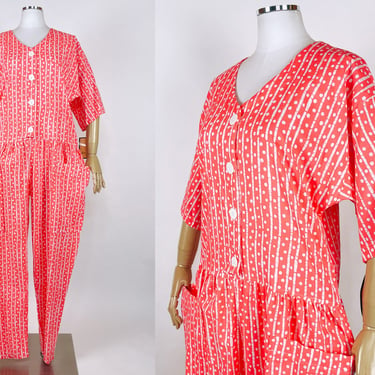 Vintage 1980's Striped & Polka Dot Coral Playsuit w Pockets NWT By David Brown Boutique USA XXL | Jumpsuit, Romper, Pink, Peach, Clown, Cute 