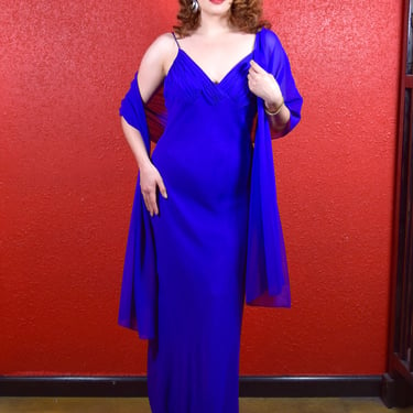 1990s Royal Blue Chiffon Gown and Shawl by Gilar 
