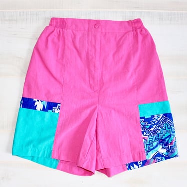 Vintage 80s Neon Beach Shorts, 1980s Tropical Shorts, Surf, Abstract, Colorblock, Summer, Pink, High Waisted 