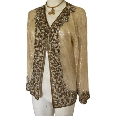 Vintage sequin duster, long white sequin jacket, heavily embellished beaded coat vintage mother of the bride top gold bolero medium s / m 
