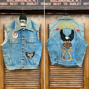 Vintage 1980’s “Dickies” Motorcycle MC Club Snake HD Gemini Skull Denim Trucker Vest Jacket, 80’s Vintage Clothing 