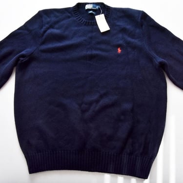 POLO Ralph Lauren Pull Over Crew Neck Navy Blue Cotton Sweater, Red Pony logo, New With TAGS, New Old Stock, Preppy XL 