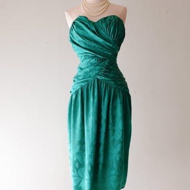 Elegant 1980's Draped Silk Strapless Teal Green Cocktail Dress/ Sz M