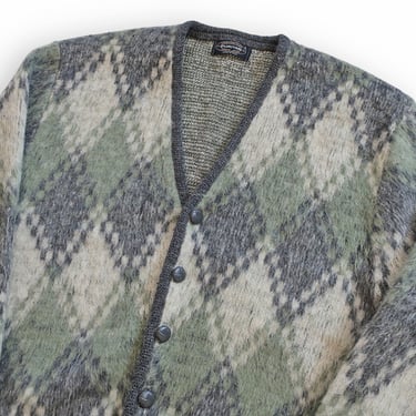 vintage cardigan / shaggy cardigan / 1960s Puritan shaggy sage green mohair argyle Kurt Cobain cardigan Large 