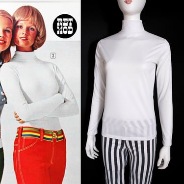 Basic Vintage 60s 70s White Long Sleeved Turtleneck Stretch Top 