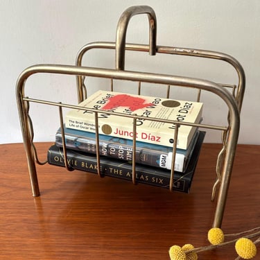 Vintage MCM Brass Art Deco Gold Tone Metal Firewood Log Holder | Retro Magazine Rack Newspaper Book Stand Farmhouse Cottage Fireplace Decor 