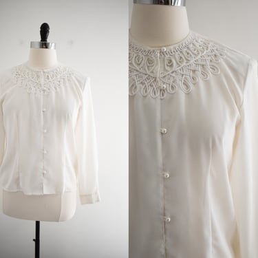 1980s/90s White Blouse with a Cord Embellished Neckline 