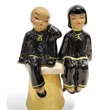 Vintage Asian Couple Shelf Sitters, Porcelain Boy & Girl Figurines, Mid Century Modern Ceramic Oriental Decor, Decorative Collectible Art 