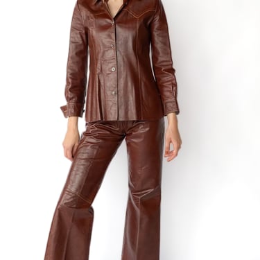 1970s Brown Leather Jacket & Pants Set, sz. S