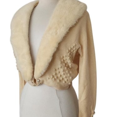 Vintage 50s Cardigan Cream Cashmere Sweater w/Blonde Mink 