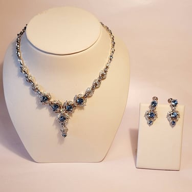 Vintage Regency style Bogoff Necklace Earring Set Light blue Clear rhinestones Bridgerton style 