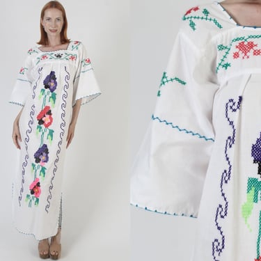 Geometric Embroidered Mexican Maxi Dress, Vintage White Cotton Ethnic Kaftan, Long Hand Cross Stitched Caftan 