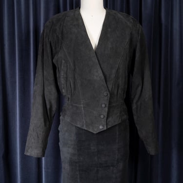 Classic 1980s Wilsons Black Suede Cropped Jacket with Asymmetrical Snap Front 