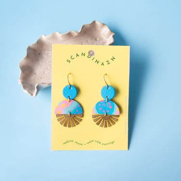 Radial Baby Burst Earrings in Pink + Blue Abstract Pattern - Reclaimed Leather Statement Art Deco Earrings 