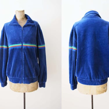 Vintage 70s Blue Velour Track Jacket Rainbow Stripe M - 1970s Velour Zip Up Warm Up Running Jacket 