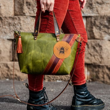 LIMITED-RUN | Handmade Leather Purse |The Striped Eco-Friendly BEE Bowler Bag | Moss Green 