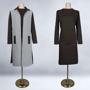 VINTAGE 60s 70s Brown Shift Dress and Long Vest Hostess Set Sz 16/18 Plus Size | 1960s 1970s 2 Piece Brady Bunch Outfit Volup | VFG 