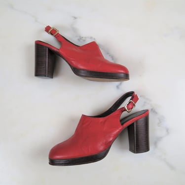 Vintage 1970s platform shoes, red leather, sandals, heels, red, size 6, 3" heel 