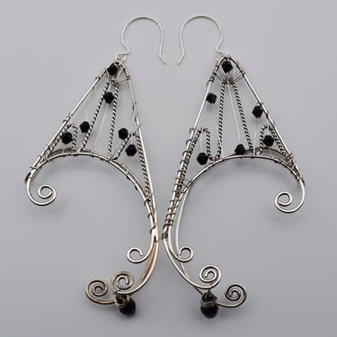 Funky vintage silver plate black crystal boho shoulder dusters, big sterling ear wire festival earrings 