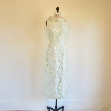 Vintage 1950's Pastel Blue and White Iridescent Lace Overlay Midi Party Sheath Wiggle Dress Cowl Neckline Sleeveless 28