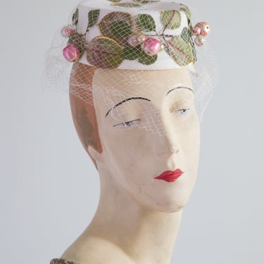 Pristine 1960's Garden Party Pillbox Hat With Pink Berries &amp; Veiling by Vivi