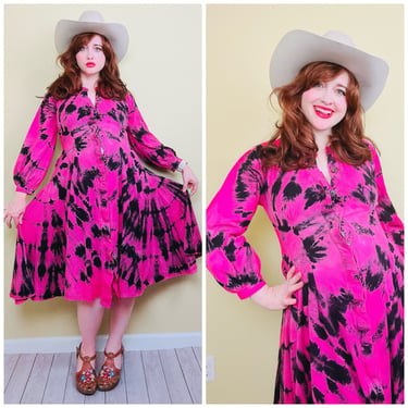 1990s Vintage Cotton Knit Tie Dye Dress / 90s Hot Pink and Black Fit and Flare Grunge Dress / Medium 