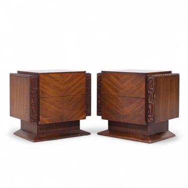 United Mid Century Walnut Tiki Brutalist Nightstands - Pair - mcm 
