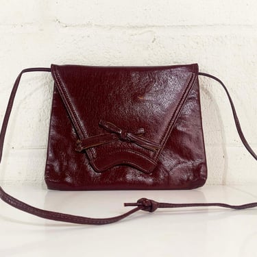 Vintage Maroon Leather Shoulder Bag Purse Handbag Minimalist Small Bow Burgundy 1960s 
