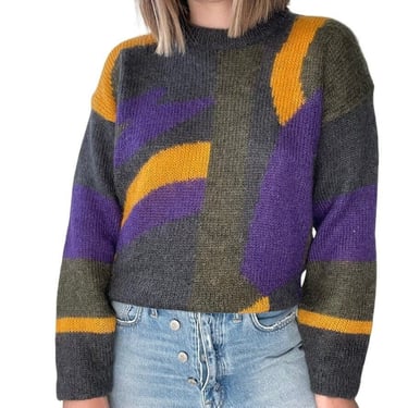 Vintage 1980s Womens Mohair Blend Fluffy Geometric Purple Yellow Ugly Sweater 
