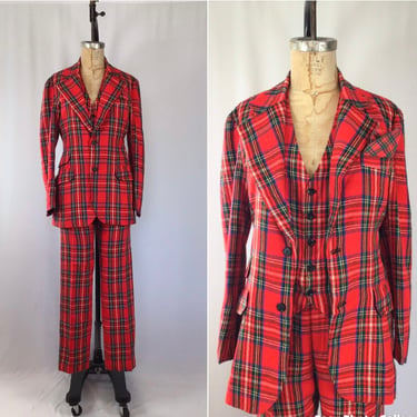 Vintage 60s suit | Vintage red plaid three piece pant suit | 1960s wool plaid pant suit set 